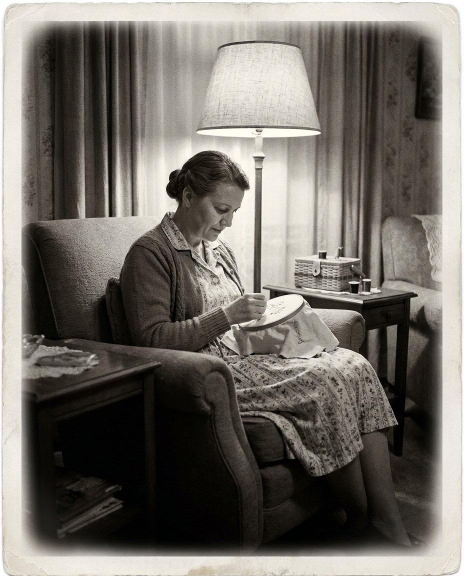 A woman sewing by lamplight in the 1950s