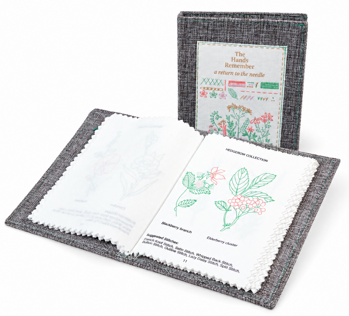 Emberly linen stitch book open and standing, with a 90-day guarantee seal
