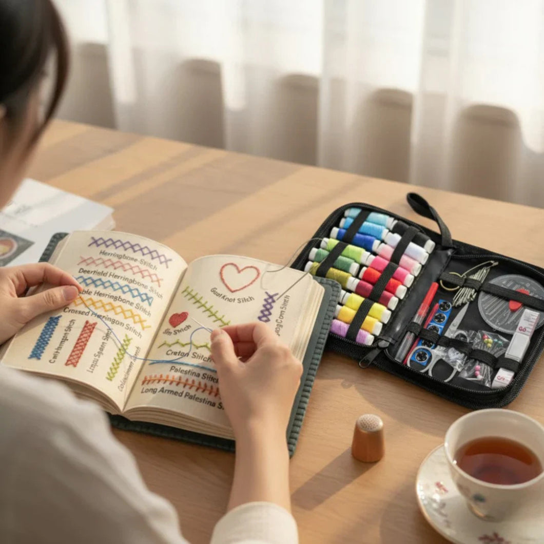 Embroidery kit with box, stitch guide and thread case
