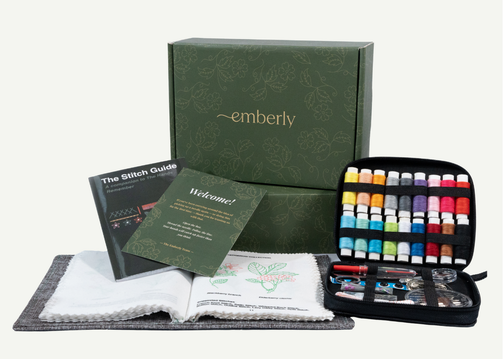 Emberly The Hands Remember embroidery stitch book kit with linen book, 30 cotton threads and stitch guide