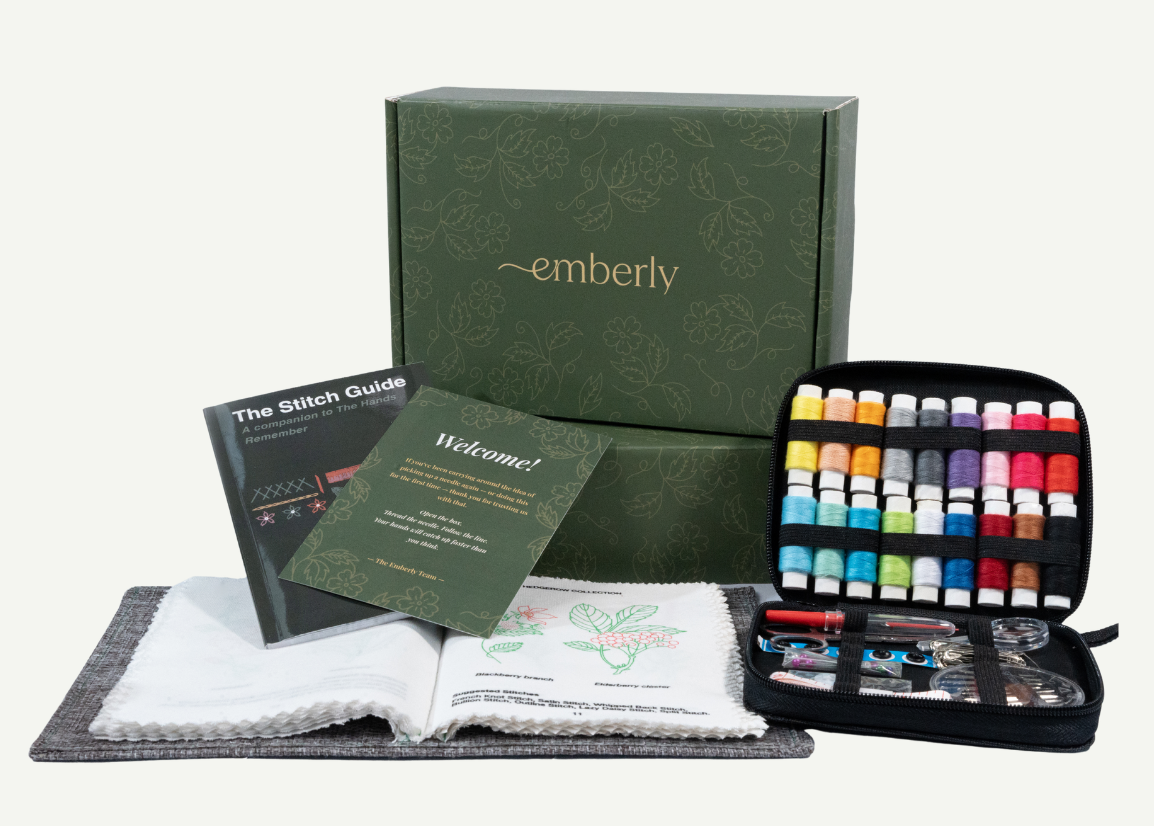 Emberly The Hands Remember embroidery stitch book kit with linen book, 30 cotton threads and stitch guide