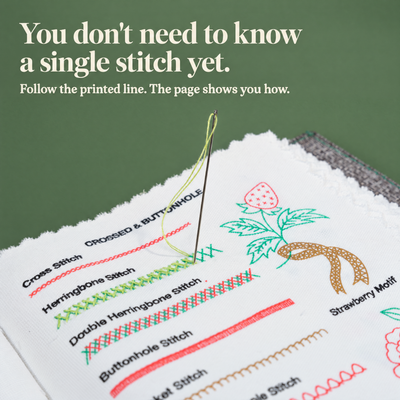 Emberly embroidery stitch book kit in green gift box with Buy 1 Get 1 Free badge