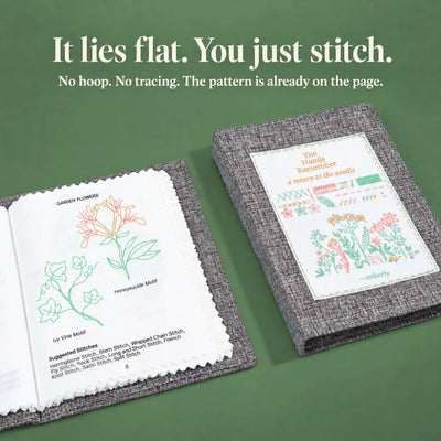 Emberly The Hands Remember embroidery stitch book kit with linen book, 30 cotton threads and stitch guide