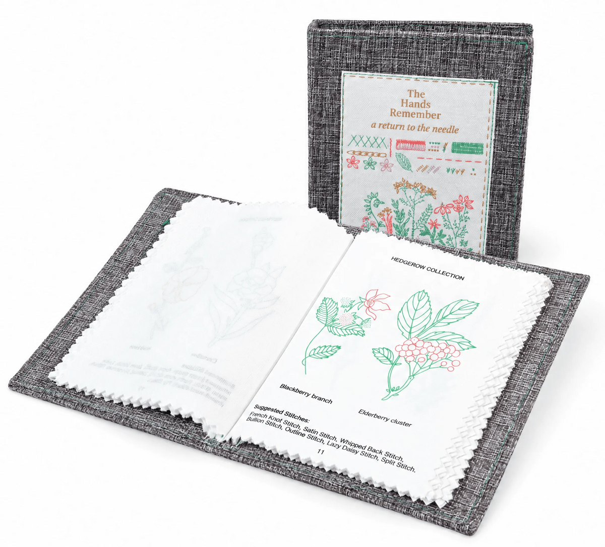 Elysia stitch book open to the hedgerow collection pages