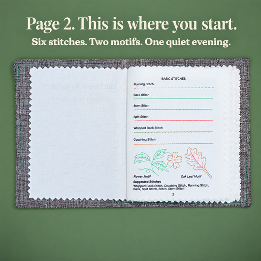 Emberly The Hands Remember embroidery stitch book kit with linen book, 30 cotton threads and stitch guide