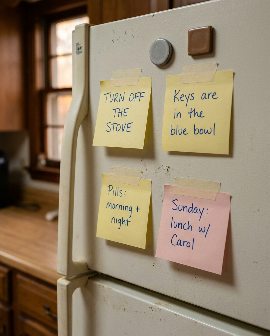 Sticky notes and reminders covering a fridge door