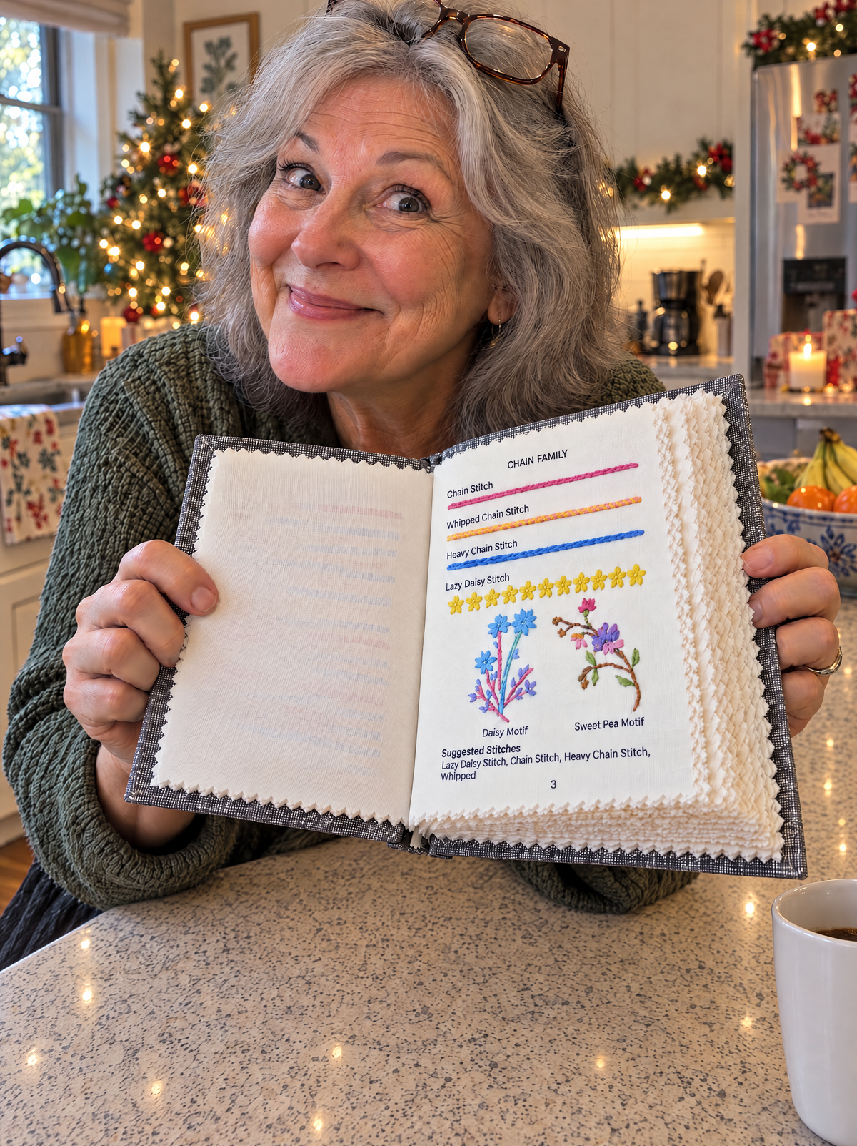 A friend showing an open stitch book in a Christmas kitchen
